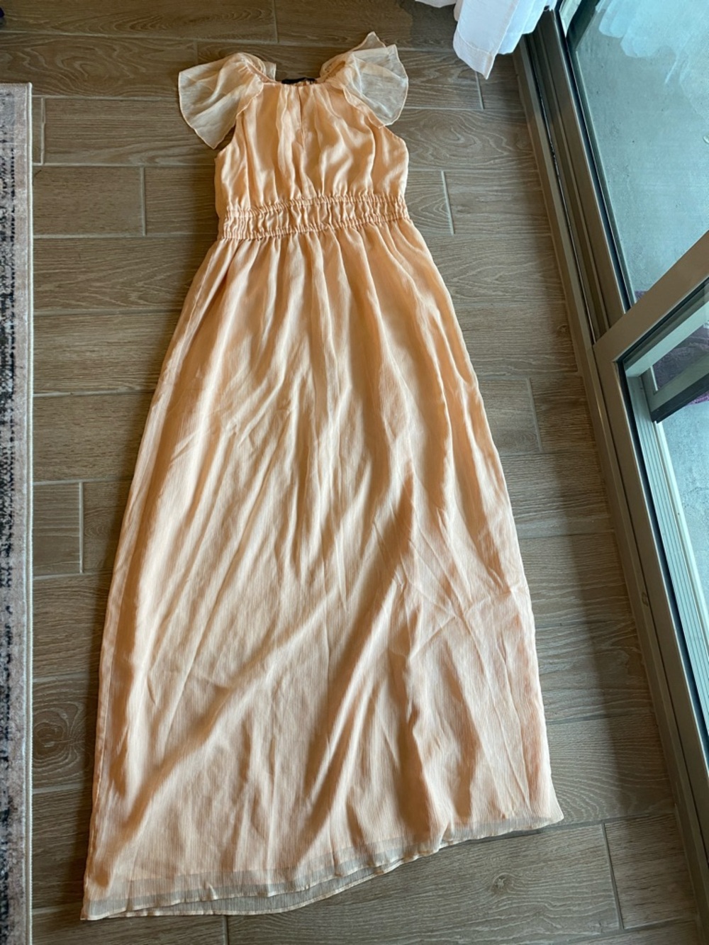 Zara Peach Maxi Dress with Sheer Puff Sleeves